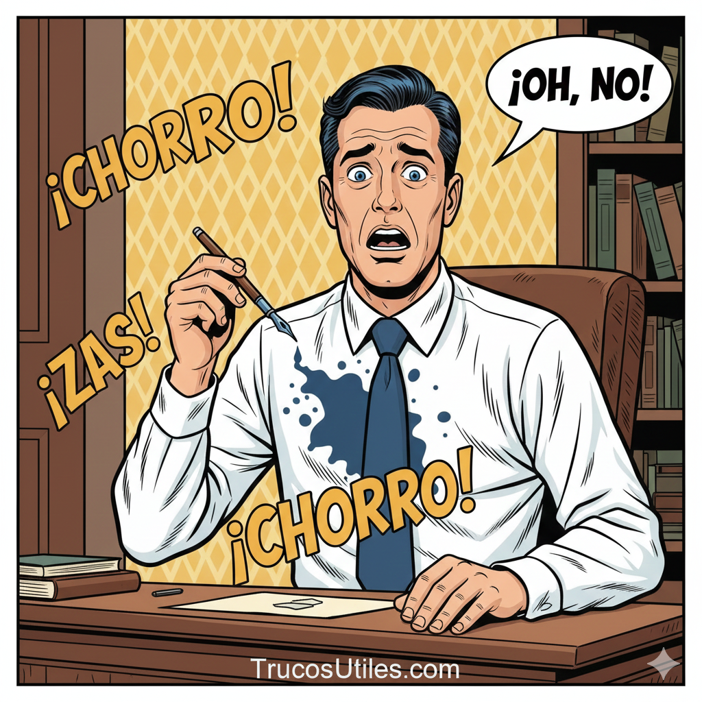 Un hombre escribe y se mancha la camisa con tinta . Trucosutiles.com