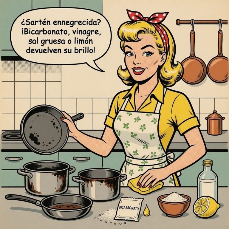 Mina Pop limpiando sartén ennegrecida con bicarbonato y limón en cocina vintage, devolviendo su brillo natural