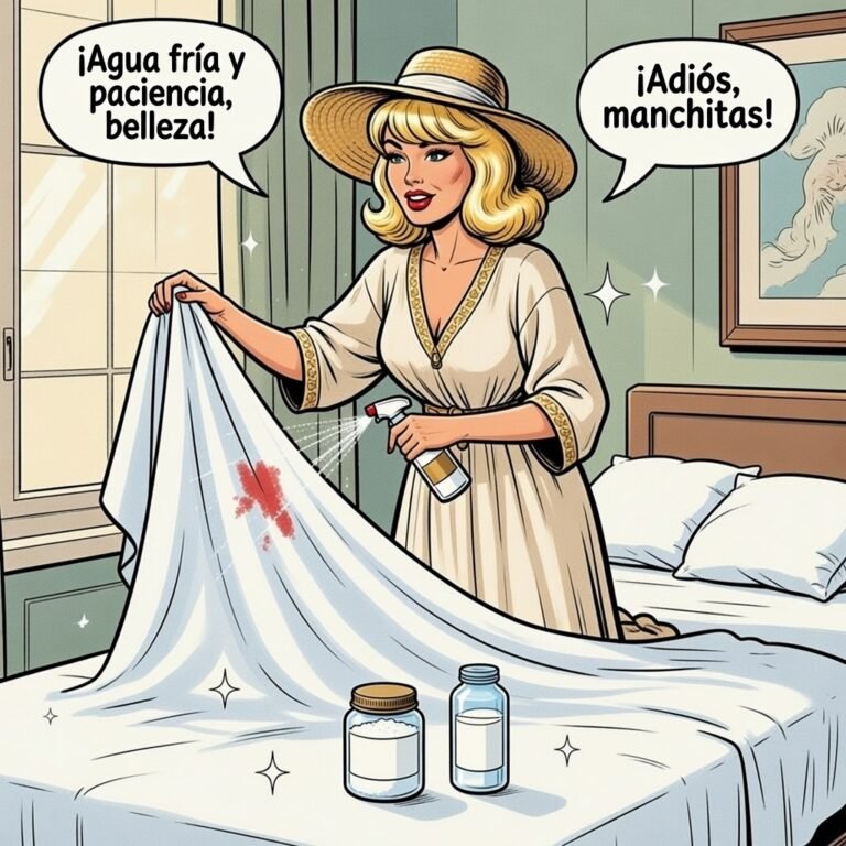 Mujer quitando mancha de sangre en sábana blanca con spray casero, método con agua fría y paciencia
