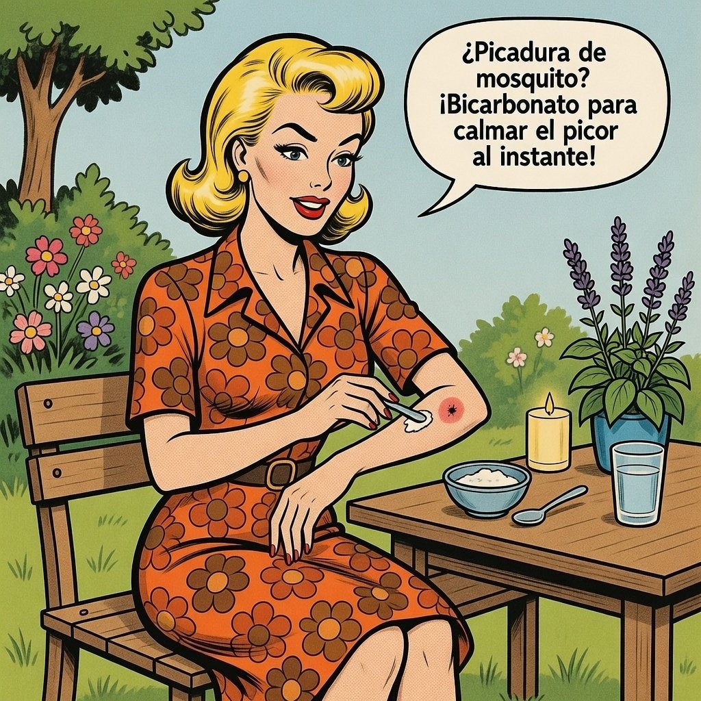 Mina Pop aplicando bicarbonato sobre picadura de mosquito en el jardín para aliviar el picor al instante