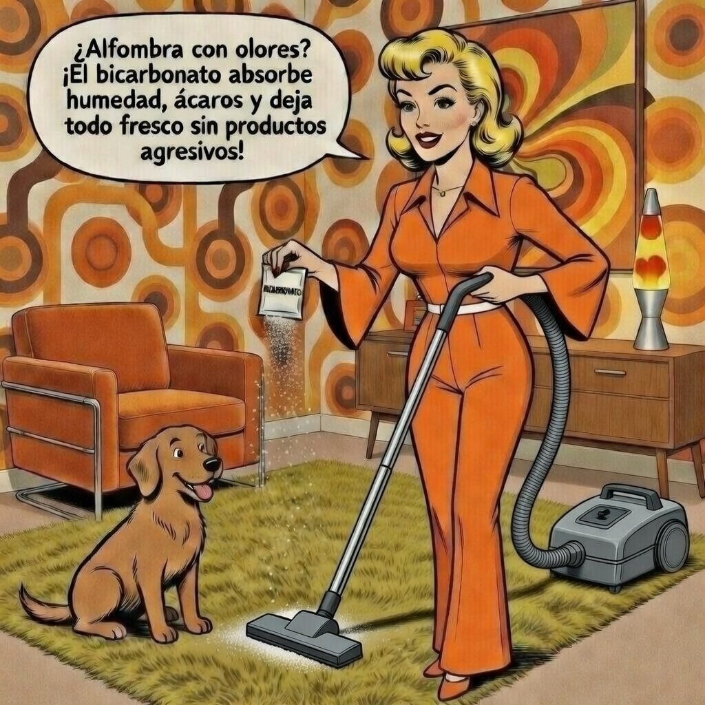 Ilustración estilo cómic de una mujer espolvoreando bicarbonato sobre una alfombra mientras pasa la aspiradora, con un perro observando.