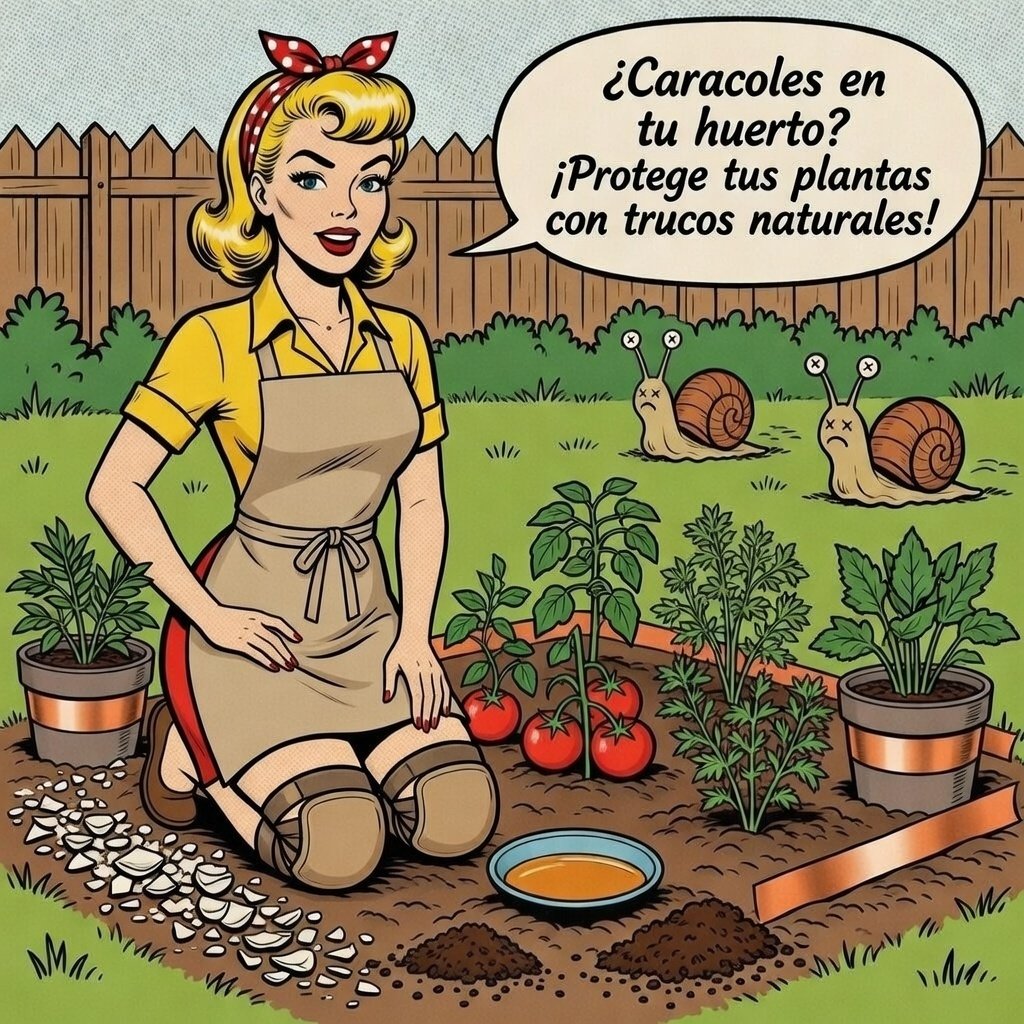 Ilustración estilo cómic de una mujer protegiendo su huerto con métodos naturales contra los caracoles.