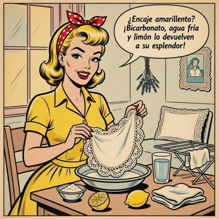 Ilustración estilo cómic de una mujer limpiando encaje antiguo con bicarbonato, limón y agua fría sobre una mesa.