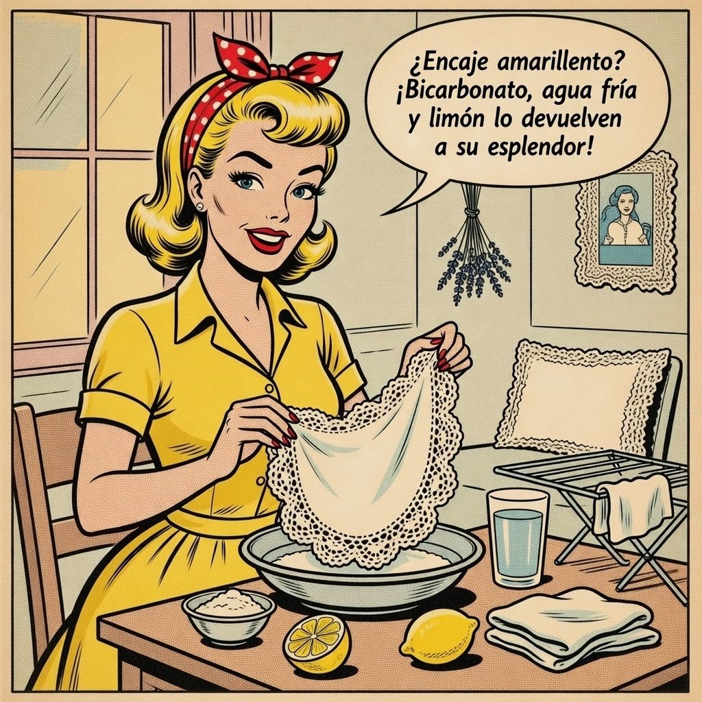 Ilustración estilo cómic de una mujer limpiando encaje antiguo con bicarbonato, limón y agua fría sobre una mesa.