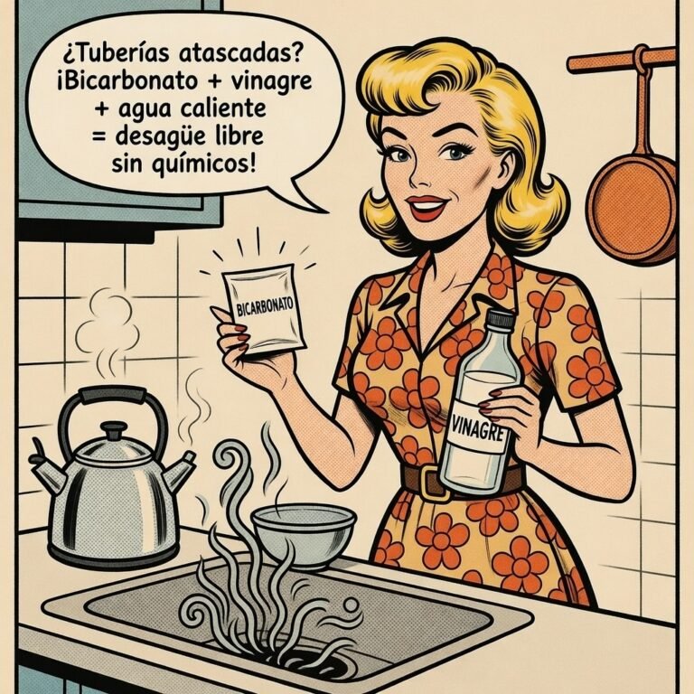 Ilustración estilo cómic de una mujer usando bicarbonato, vinagre y agua caliente para desatascar el fregadero.