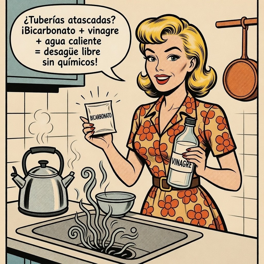 Ilustración estilo cómic de una mujer usando bicarbonato, vinagre y agua caliente para desatascar el fregadero.
