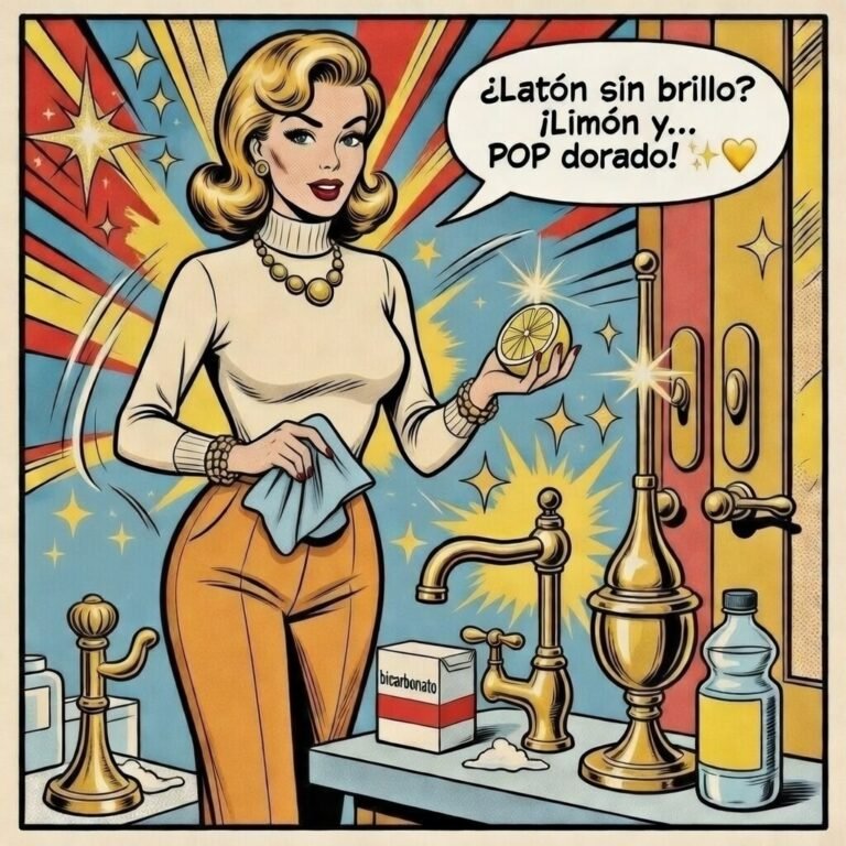 Mujer limpiando objetos de latón con limón y bicarbonato en estilo pop art, mostrando grifos y manijas brillantes tras una limpieza natural.
