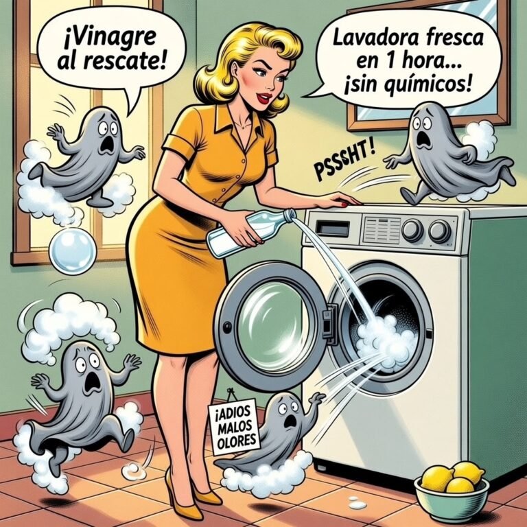 Mujer vertiendo vinagre en una lavadora mientras unas figuras en forma de fantasmas, que representan malos olores, huyen asustadas. La escena es colorida y estilo cómic, con burbujas y un ambiente divertido.