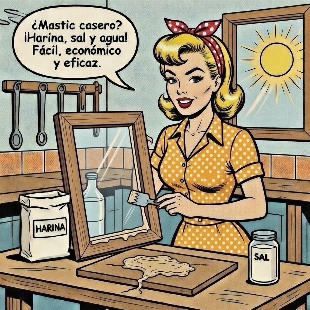 Ilustración estilo cómic de una mujer aplicando mastic casero hecho con harina, sal y agua en un marco de madera.
