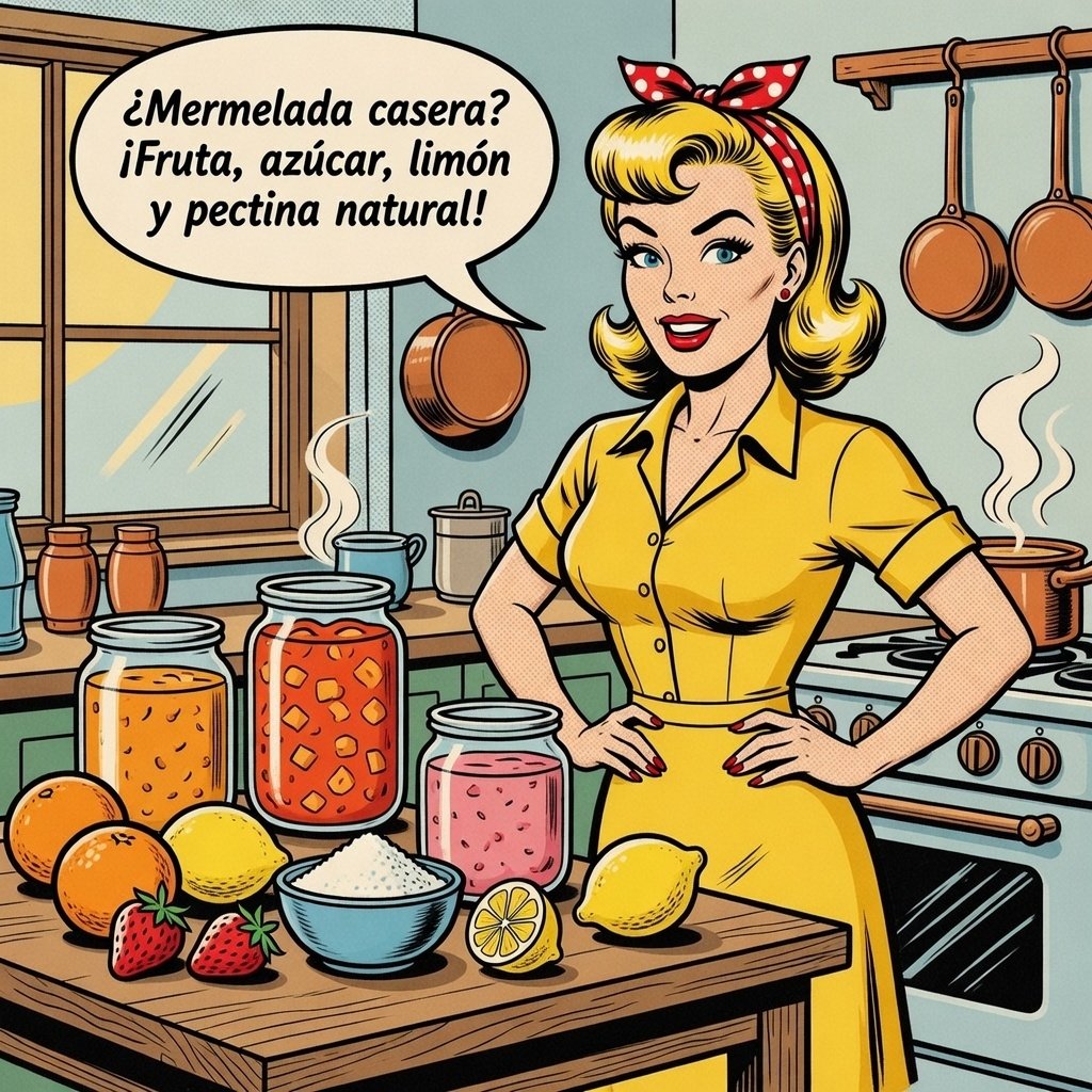 Ilustración estilo cómic de una mujer en la cocina preparando mermelada con fruta, azúcar, limón y pectina natural.