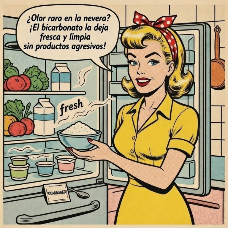 Ilustración estilo cómic de una mujer colocando bicarbonato dentro del refrigerador para eliminar malos olores.