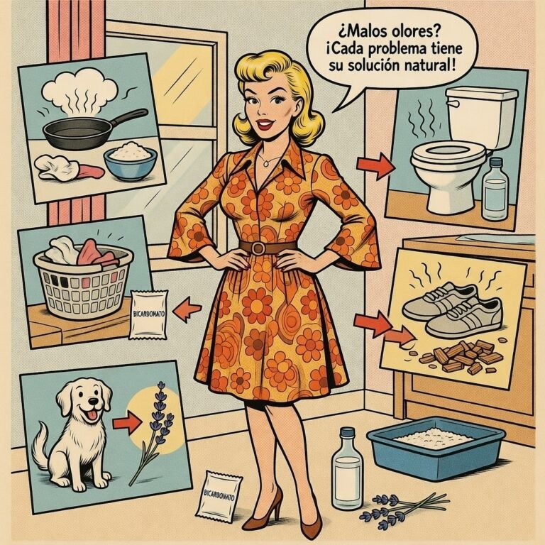 Ilustración estilo cómic con soluciones naturales para eliminar malos olores en cocina, baño, ropa, calzado y mascotas.