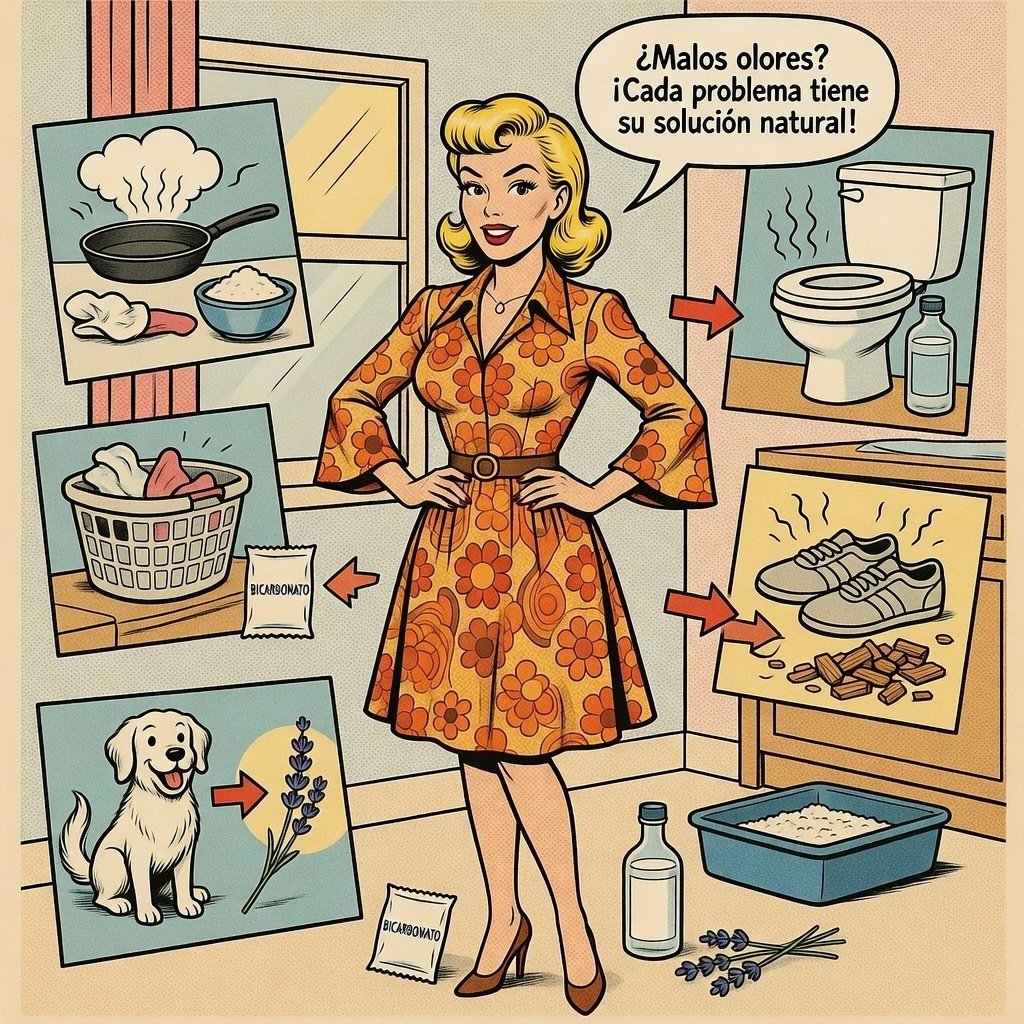 Ilustración estilo cómic con soluciones naturales para eliminar malos olores en cocina, baño, ropa, calzado y mascotas.
