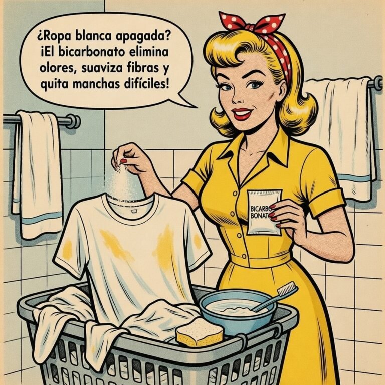 Ilustración estilo cómic de una mujer aplicando bicarbonato sobre una camisa blanca manchada en la lavandería.